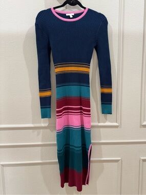 GB Ribbed Bodycon Sweater Dress M Colorblock Stripe Long Sleeve Midi